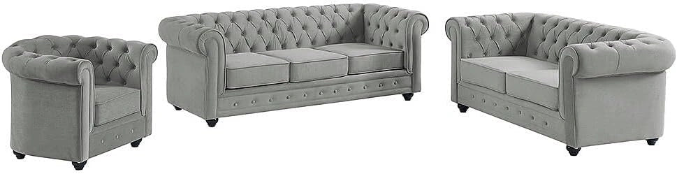 Ensemble de Salon Chesterfield Velours Gris Clair - Canap¨¦s et Fauteuil
