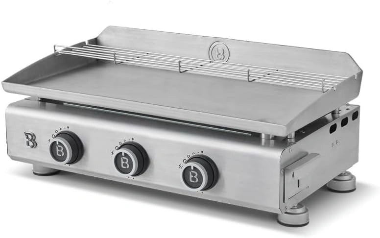 Plancha ¨¤ Gaz Silvia EVO 3 Feux - Plaque Inox 67x34 cm - 3 Br?leurs Puissants - Grille R¨¦chauffante - Allumage Piezo - Tiroir ¨¤ Graisse - Pour 10 Personnes - 7,95 kW