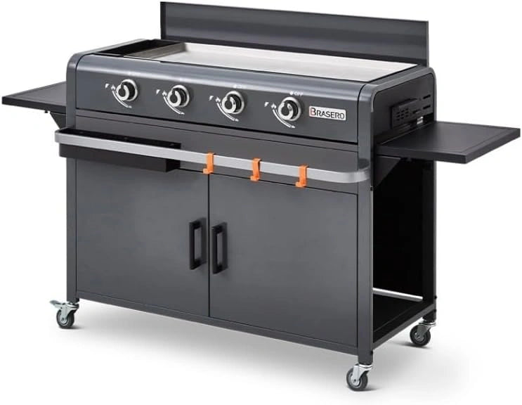 Plancha ¨¤ Gaz sur Chariot - 4 Br?leurs Gun Metal - Convient pour 14 Personnes - Surface 88x35,5 cm - 9,6 kW - Collecteur de Graisse