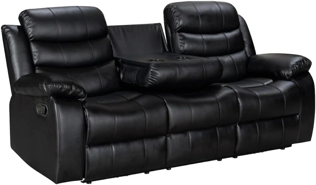 Canap¨¦ relax 3 places cuir noir avec porte-gobelets et confort maximal