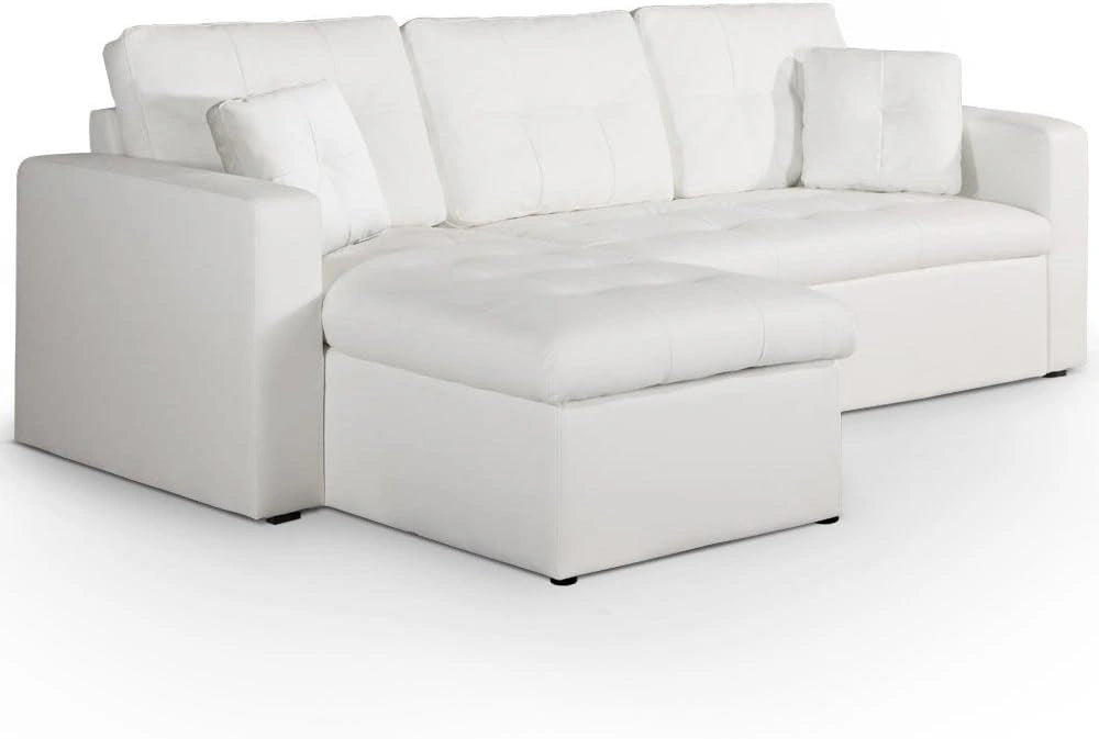 Canap¨¦ d'Angle Convertible 5 Places en Simili Cuir Blanc avec Coffre - Angle R¨¦versible - Style Moderne