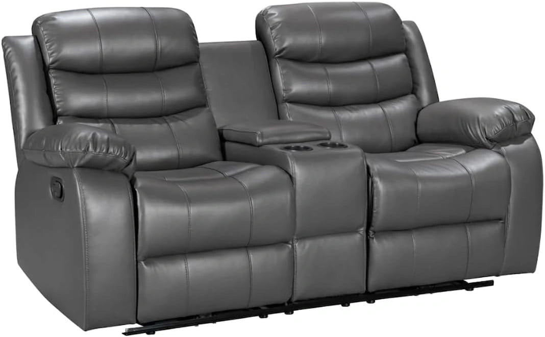 Canap¨¦ Relax 2 Places en Cuir Gris avec Porte-Gobelet, Confort Rembourr¨¦, Id¨¦al pour Salon et Cin¨¦ma ¨¤ Domicile, Dimensions 185x90x90 cm