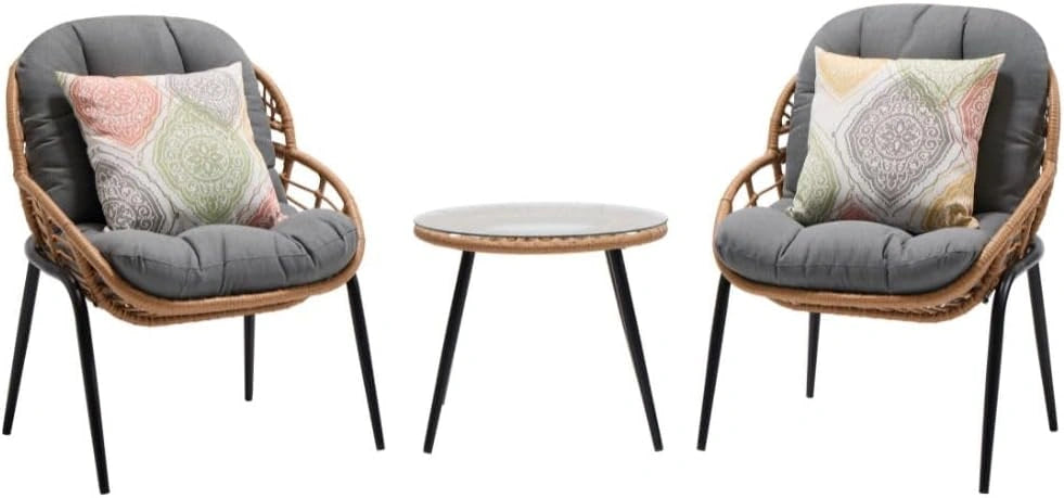 Ensemble de Salon de Jardin en Rotin et Acier avec Coussins - 2 Fauteuils et Table Basse Ronde