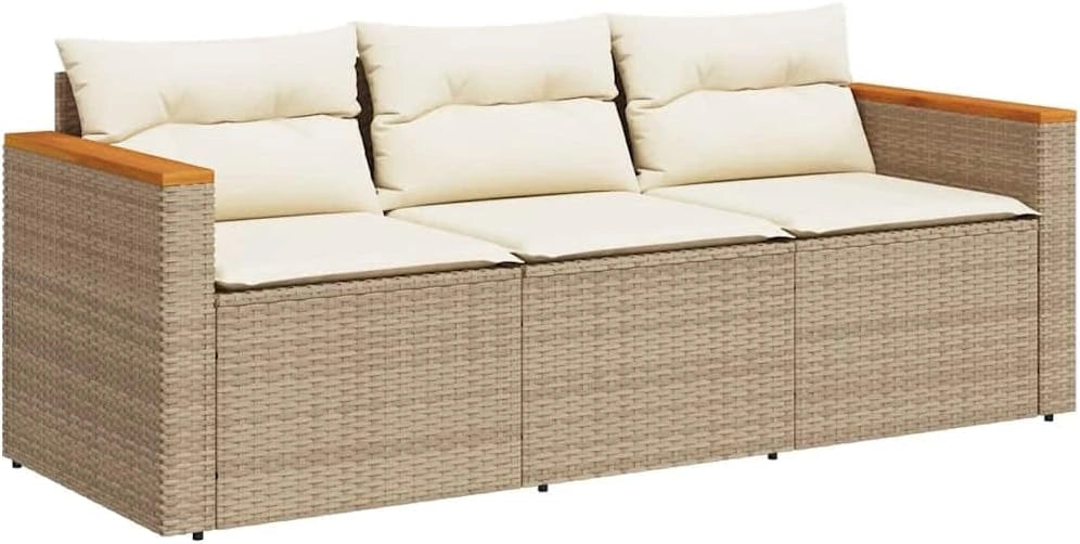 Sofa d'Ext¨¦rieur 3 Places en Rotin Synth¨¦tique Beige avec Coussins Amovibles et Structure Acier et Bois d'Acacia