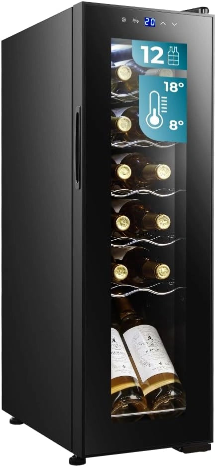 Cave ¨¤ vin Cecotec Bolero GrandSommelier 1250 avec compresseur, 12 bouteilles, 8-18¡ãC, ¨¦tag¨¨res en bois, ¨¦cran tactile