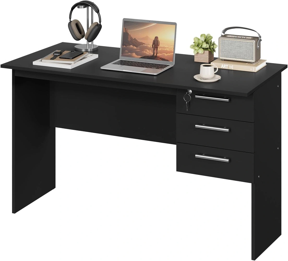 Table de Bureau Moderne avec Rangement, 120x60x75 cm, Bois Compos¨¦, Noir