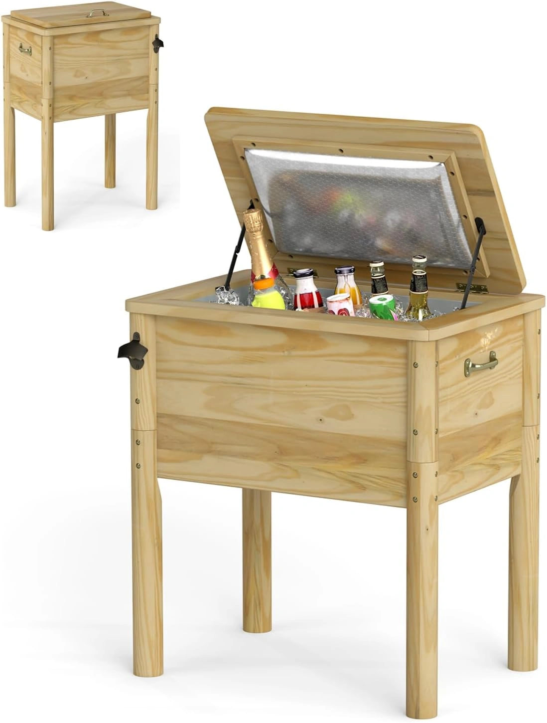 Glaci¨¨re ¨¤ Roulettes 51L en Bois de Pin pour Ext¨¦rieur - Jardin, Terrasse, Piscine