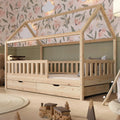 Lit Cabane Enfant 200x120 cm en Bois Naturel avec Rangement et Barri¨¨re - Design Scandinave Montessori