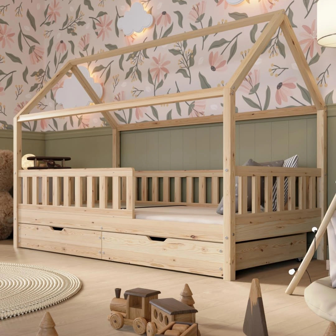 Lit Cabane Enfant 200x120 cm en Bois Naturel avec Rangement et Barri¨¨re - Design Scandinave Montessori