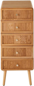 Commode Haute 5 Tiroirs Ava, Design ¨¦l¨¦gant avec Finitions Bois et Poign¨¦es Dor¨¦es