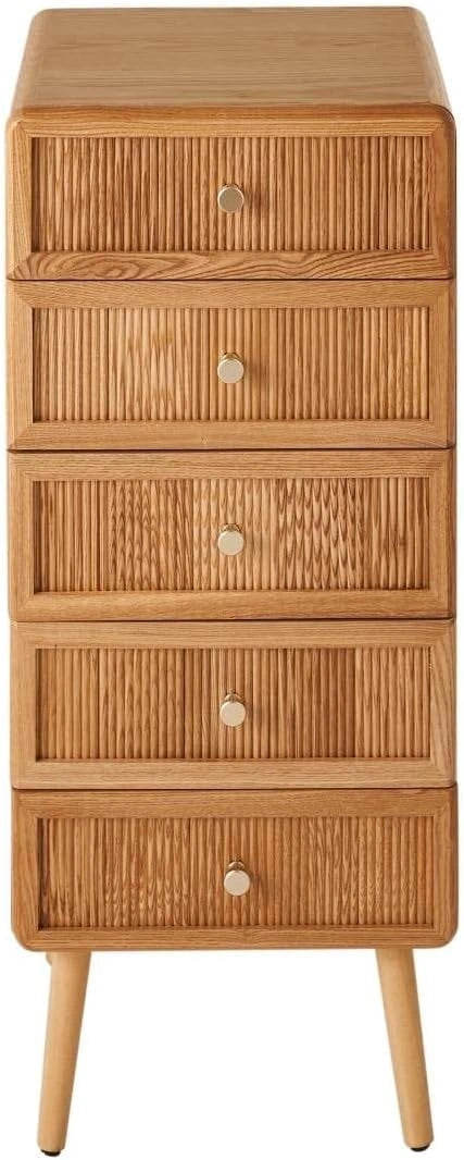 Commode Haute 5 Tiroirs Ava, Design ¨¦l¨¦gant avec Finitions Bois et Poign¨¦es Dor¨¦es
