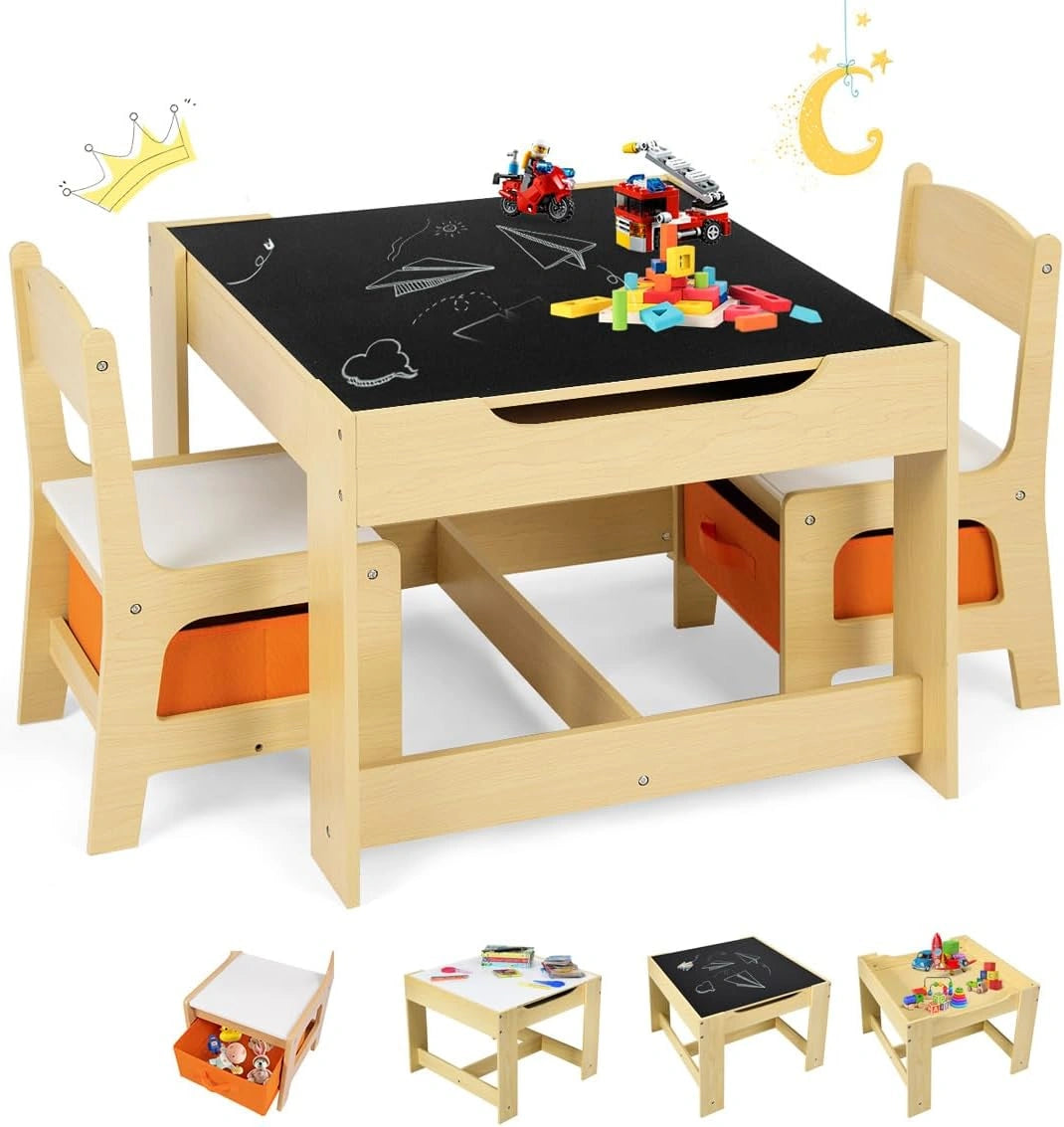 Ensemble Table et Chaises Enfant 3-en-1 - R¨¦versible, avec Tableau Noir et Rangement