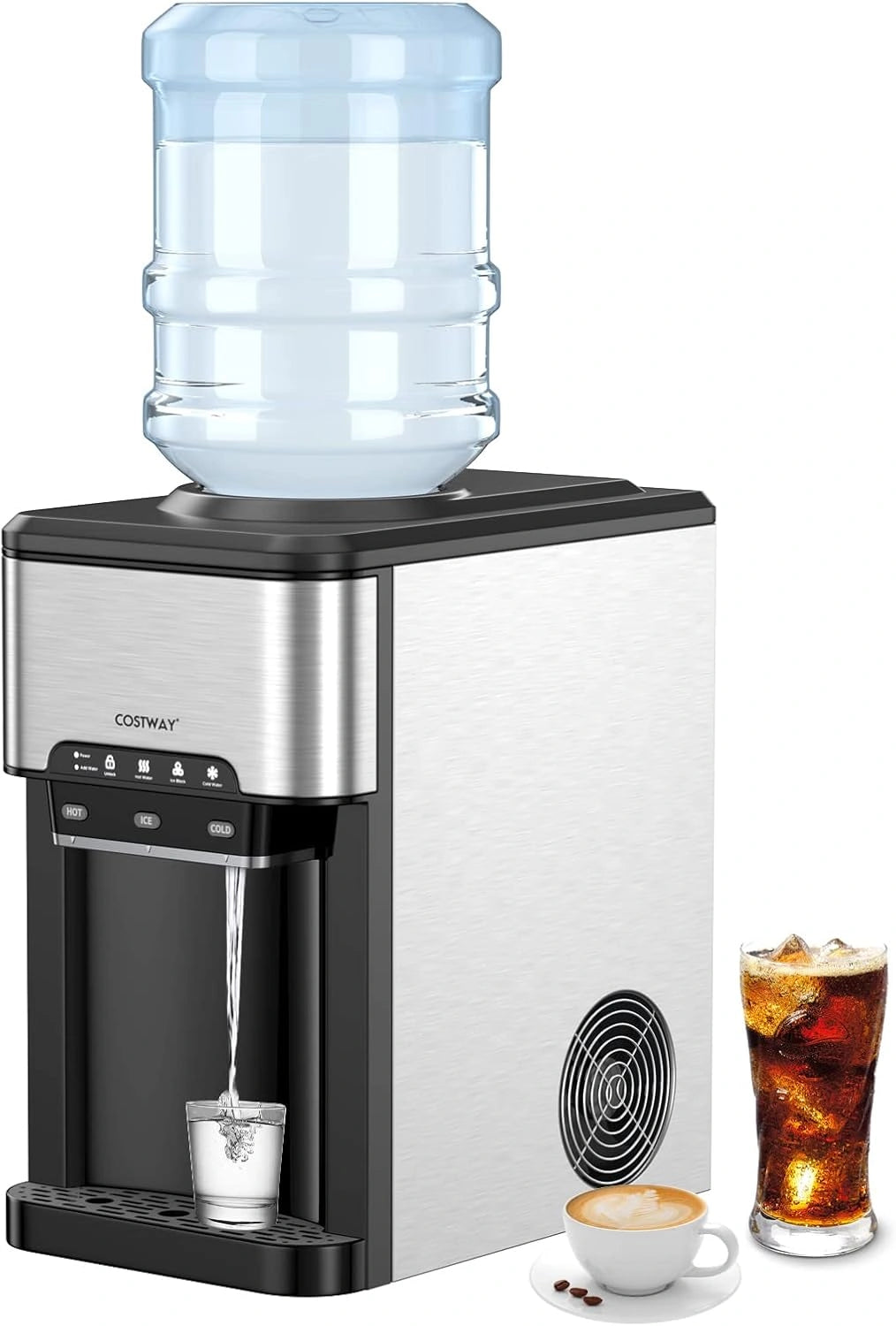 COSTWAY Distributeur d'Eau avec Machine ¨¤ Gla?ons, 3 en 1, Acier Inoxydable, Production 19 kg/24h, R¨¦servoir 1,5 L, Gla?ons Pr¨ºts en 6-13 Min, Facile ¨¤ Entretenir, Noir