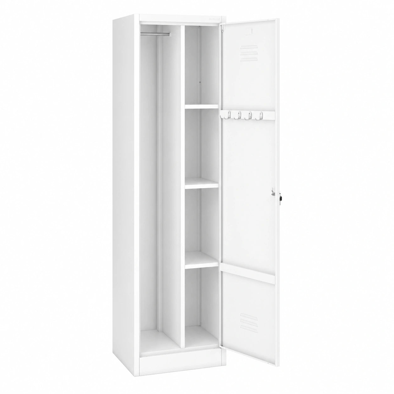 Armoire de rangement polyvalente en métal avec étagères et crochets, verrouillable et ventilée, blanche