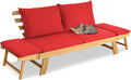 Banc de Jardin Convertible 2 Places avec Coussins, Lit Extensible 3 en 1, Bois d'Acacia, Meuble d'Ext¨¦rieur Id¨¦al pour Balcon ou Terrasse, Rouge