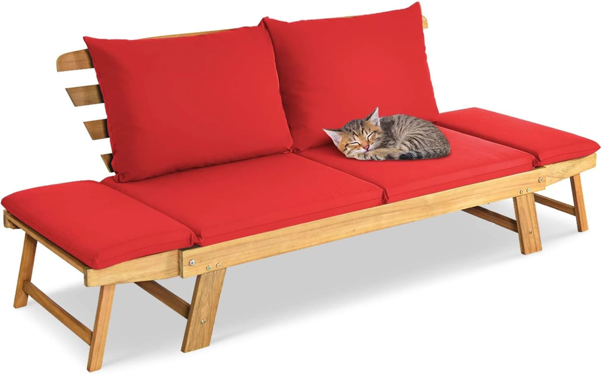 Banc de Jardin Convertible 2 Places avec Coussins, Lit Extensible 3 en 1, Bois d'Acacia, Meuble d'Ext¨¦rieur Id¨¦al pour Balcon ou Terrasse, Rouge