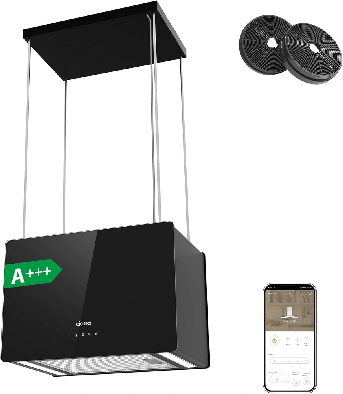 Hotte ?lot Centrale A+++ Ciarra 700m3/h, 48cm - 4 Vitesses, WiFi & APP - Filtre ¨¤ Charbon, LED 2 Niveaux - Suspension Recyclage
