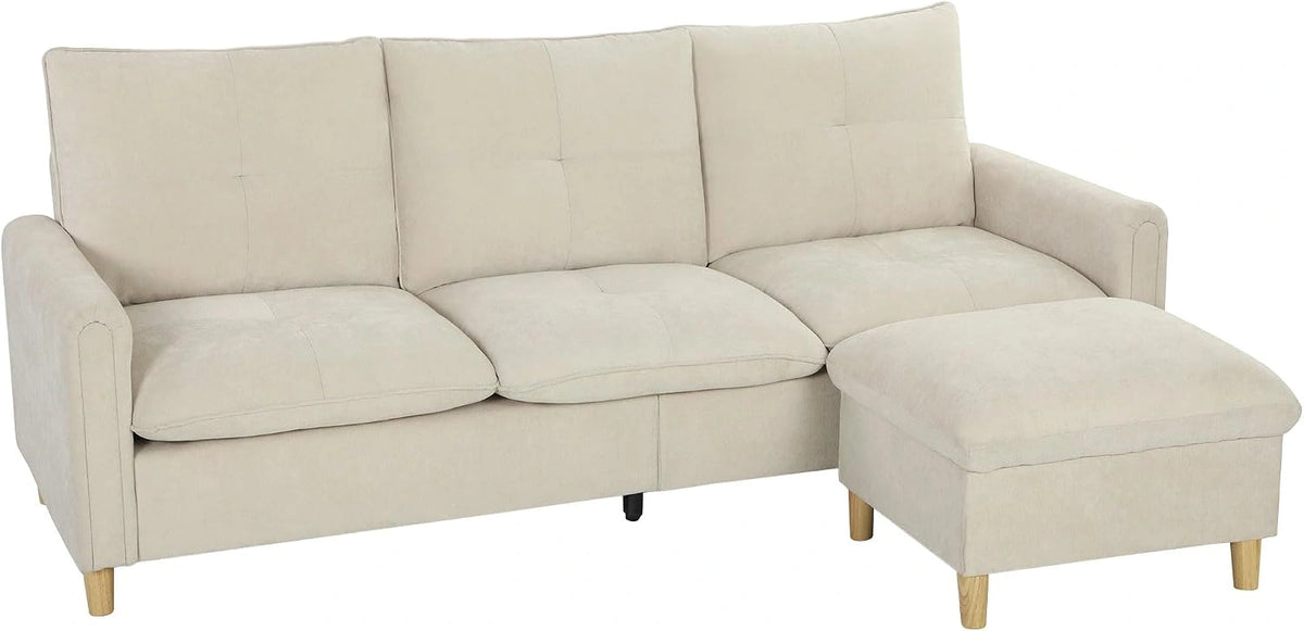 Canap¨¦ d'angle modulable 3 places avec pouf de rangement, tissu lin cr¨¨me, pieds en bois, HOMCOM