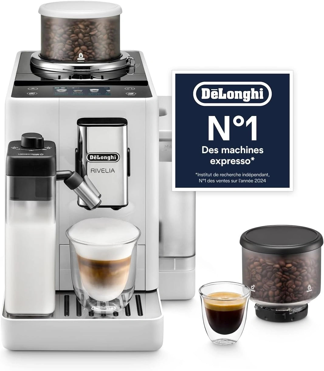 De¡¯Longhi Rivelia - Machine ¨¤ Caf¨¦ Automatique avec Mousseur LatteCrema, 16 Boissons Pr¨¦programm¨¦es, ¨¦cran Tactile, R¨¦servoir ¨¤ Grains Modulable, Blanc