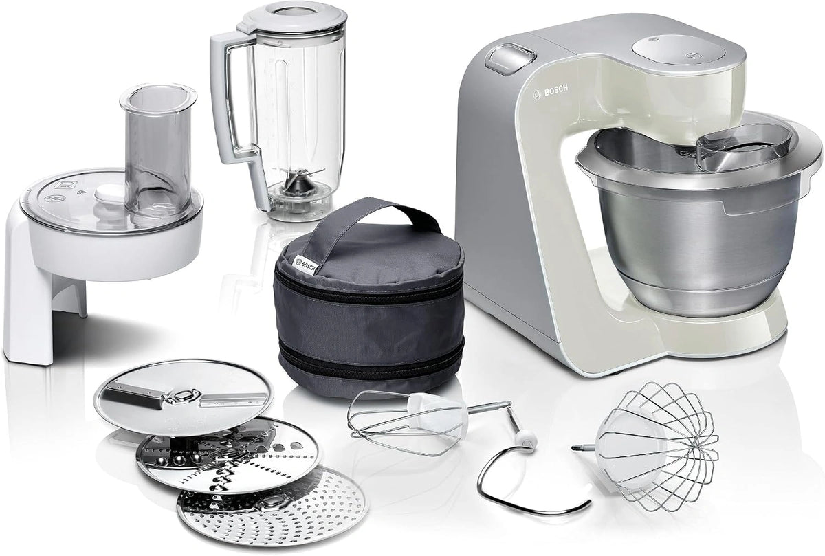 Robot patissier Bosch 1000 W, 7 vitesses, bol inox 3,9 L, accessoires inclus, gris argent