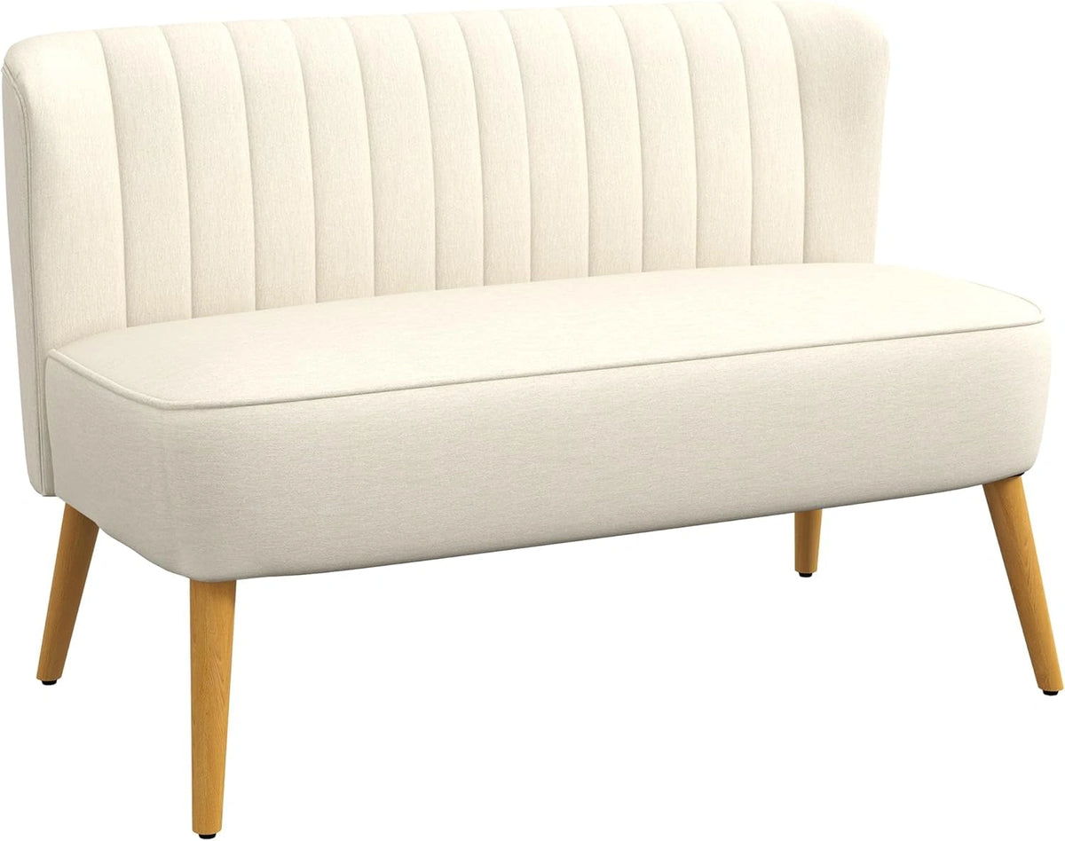 Canap¨¦ 2 Places Moderne en Tissu Lin avec Pieds en Bois, Assise Confortable, pour Salon ou Petit Espace, Cr¨¨me