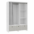 Armoire penderie avec rideau et tringle, 3 compartiments, 3 tiroirs amovibles