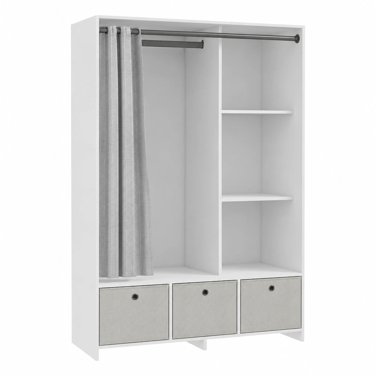 Armoire penderie avec rideau et tringle, 3 compartiments, 3 tiroirs amovibles