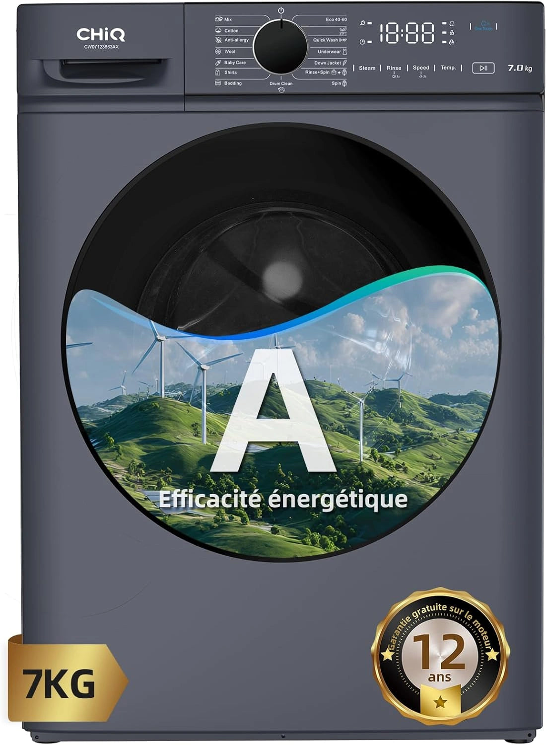 CHiQ Lave-linge Frontal 7 kg Classe A, Moteur BLDC 1200 RPM, Lavage Vapeur Rapide, 15 Programmes, Compact Gris