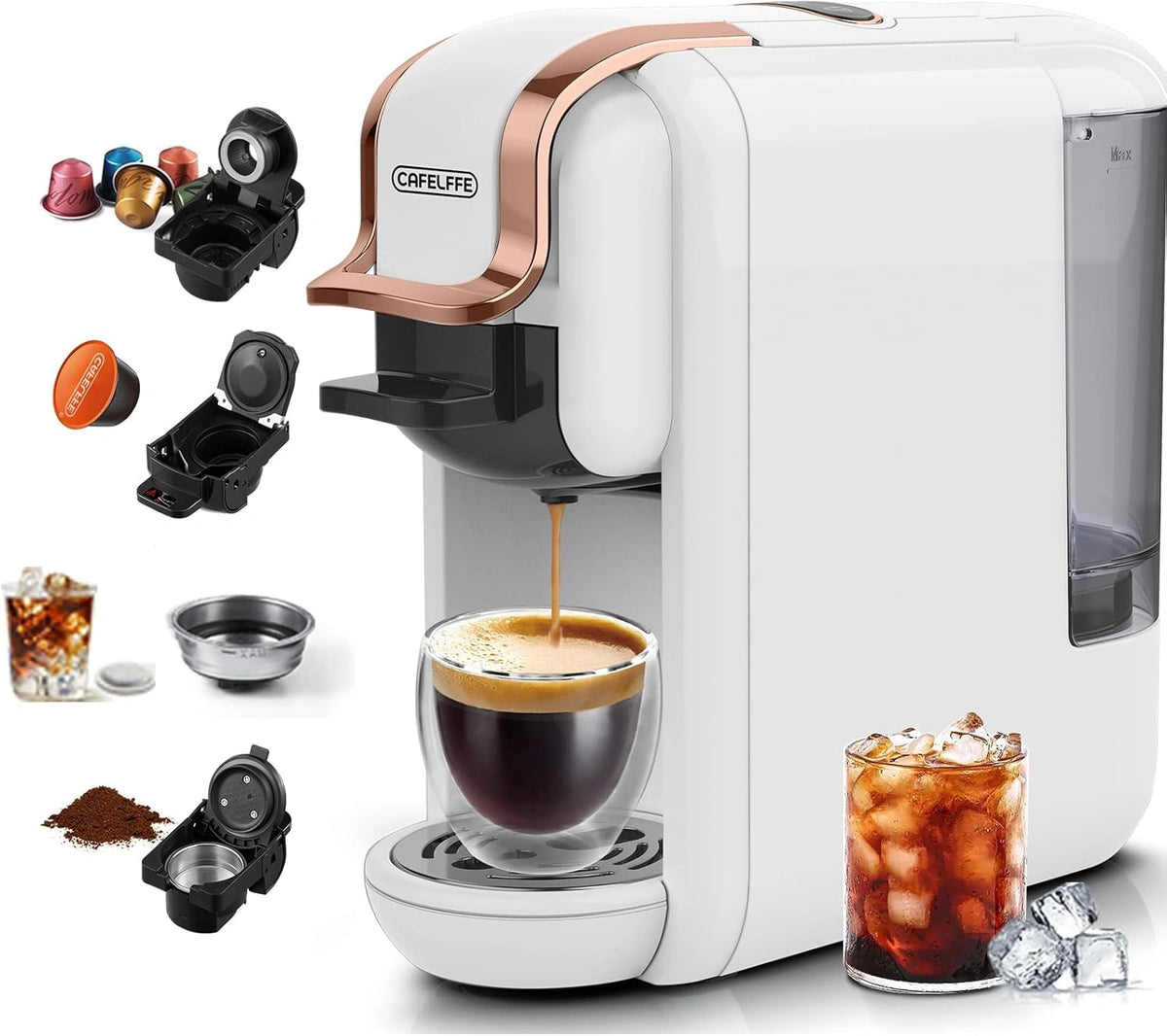 Cafeti¨¨re Multi-Capsules 4-en-1 Cafelffe MK-603, 19 Bars, Compatible Dosettes et Caf¨¦ Moulu, 1450W, Blanche