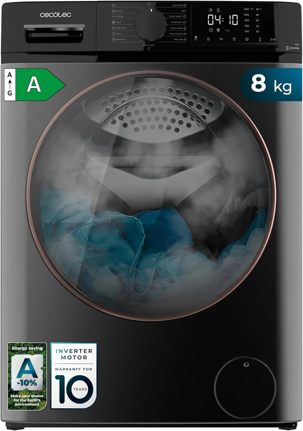 Cecotec Lave-linge 8 kg Inverter 8610 avec Chargement Frontal, 1400 RPM, Technologie Vapeur, Moteur Inverter Plus, 15 Programmes, Connectivit¨¦ Smart, Stop&Go, Nettoyage Tambour, Joint Antibact¨¦rien