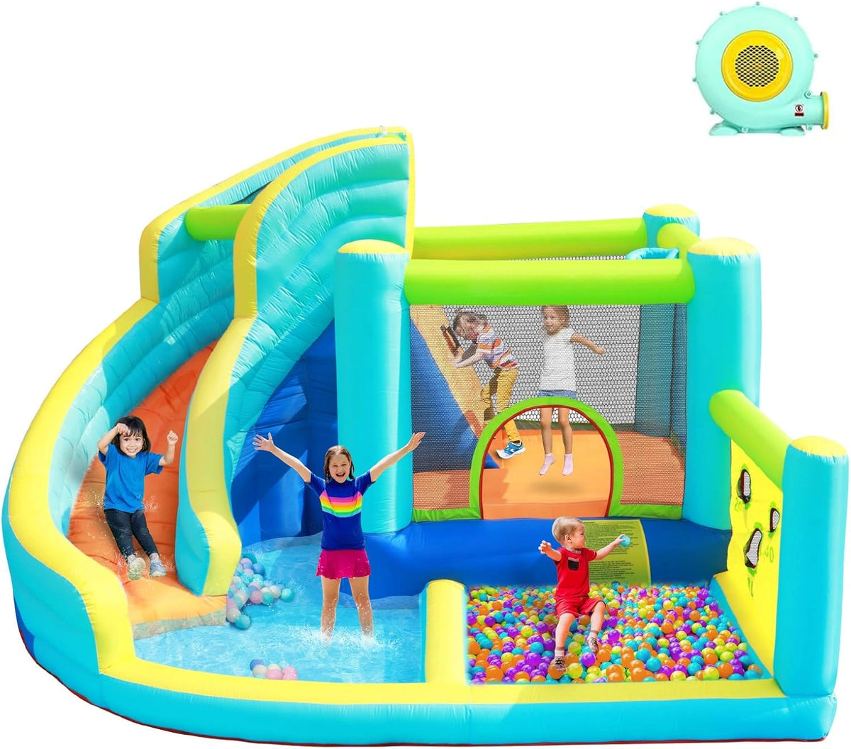 Aire de Jeux Gonflable pour Enfants avec Toboggan et Pataugeoire Max 4 Joueurs