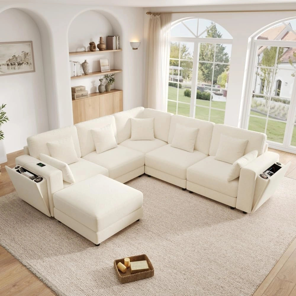 Canap¨¦ d'Angle Modulaire 6 Places avec Ports USB et Type C, Porte-Gobelets, Rangements et Coussins en Tissu Chenille, Beige