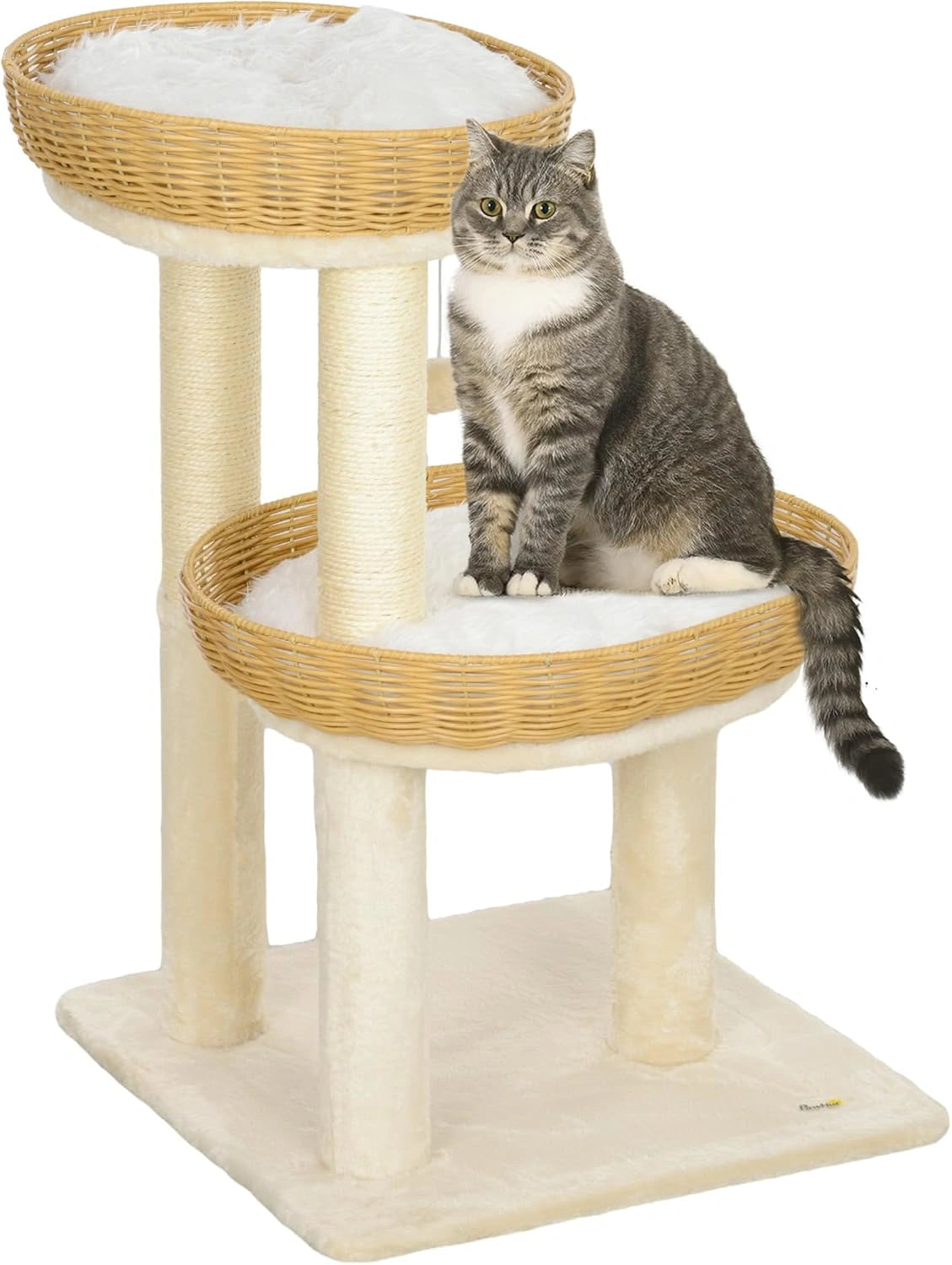 PawHut Arbre ¨¤ Chat en Rotin 75,5 cm avec Coussins Lavables et Jouet