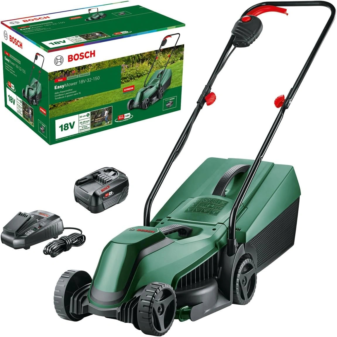 Tondeuse ¨¤ Gazon Sans Fil Bosch 18V-32-150 avec Batterie 3,0 Ah et Chargeur, Largeur 32 cm, pour Jardins jusqu'¨¤ 100 m2