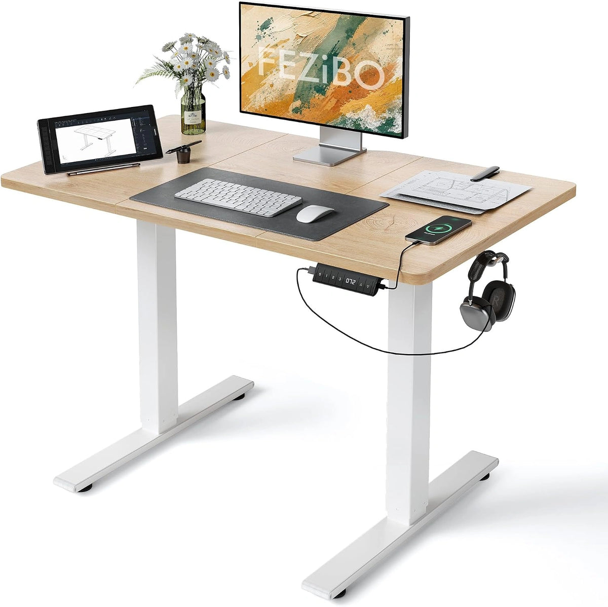 Bureau ¨¦lectrique R¨¦glable FEZIBO avec Ports USB-A/C - 120 x 60 cm - Hauteur Ajustable - Finition Ch¨ºne