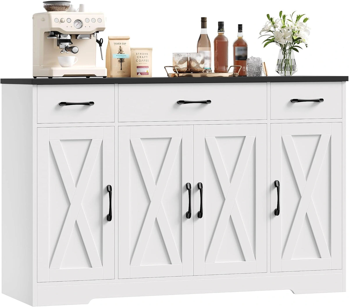 HOCSOK Meuble de Cuisine 140 cm, Buffet Salle ¨¤ Manger avec ¨¦tag¨¨res R¨¦glables, 3 Tiroirs et 4 Portes, Rangement pour Salon, Cuisine et Couloir, Blanc et Noir
