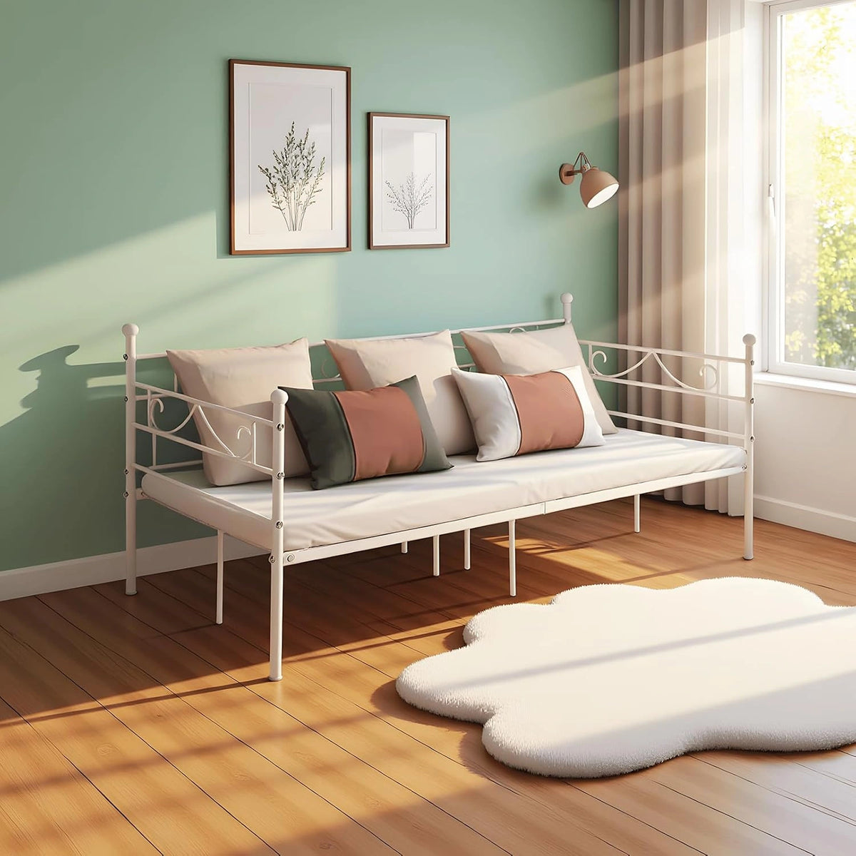 Lit Simple en M¨¦tal Blanc, Structure en Fer Forg¨¦, Sans Sommier, 90x190 cm