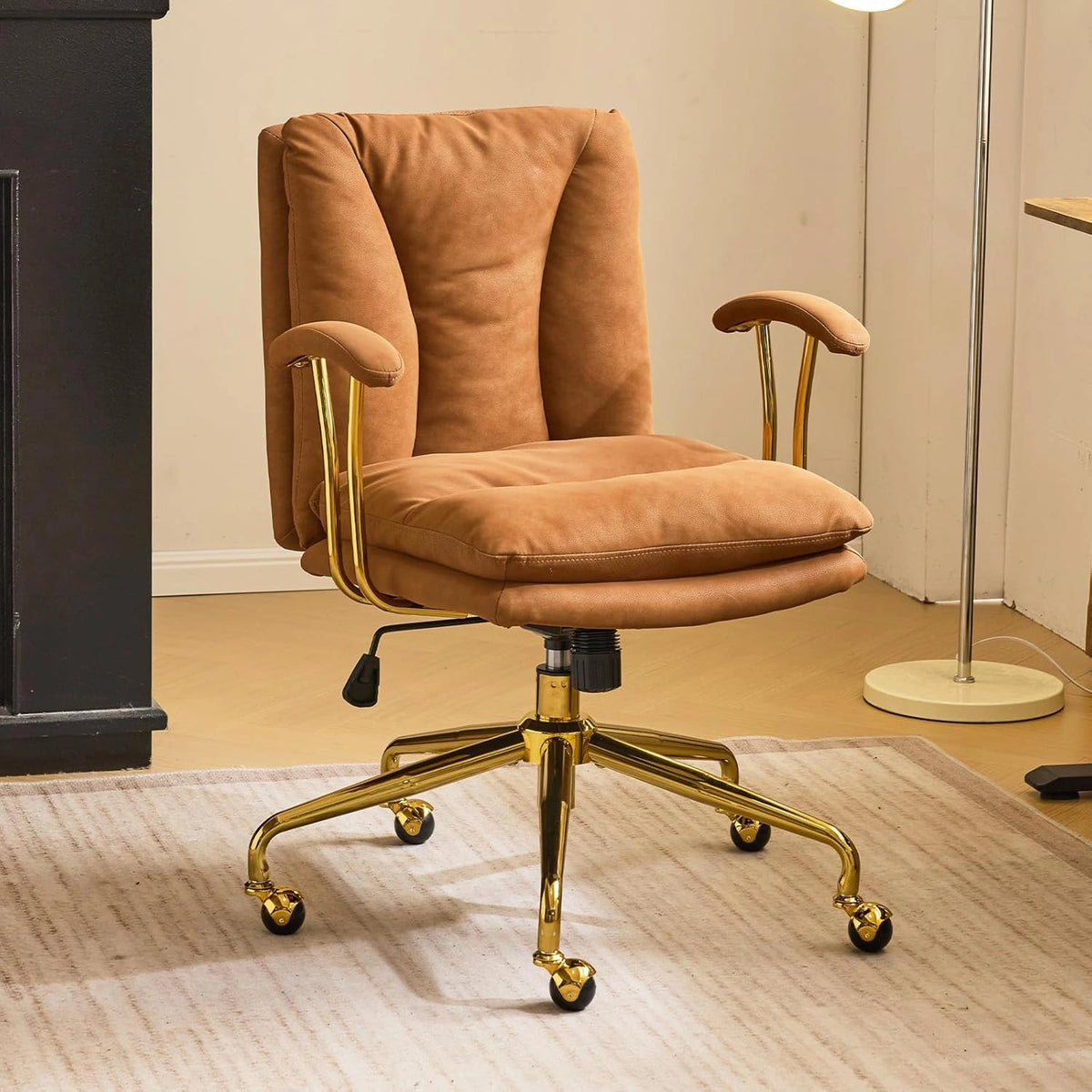 Chaise de Bureau Ergonomique en Cuir Marron avec Accoudoirs et Base Dor¨¦e