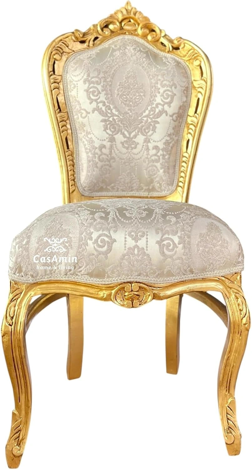 Chaise de Salle ¨¤ Manger Baroque en Damas Beige avec Finition Dor¨¦e