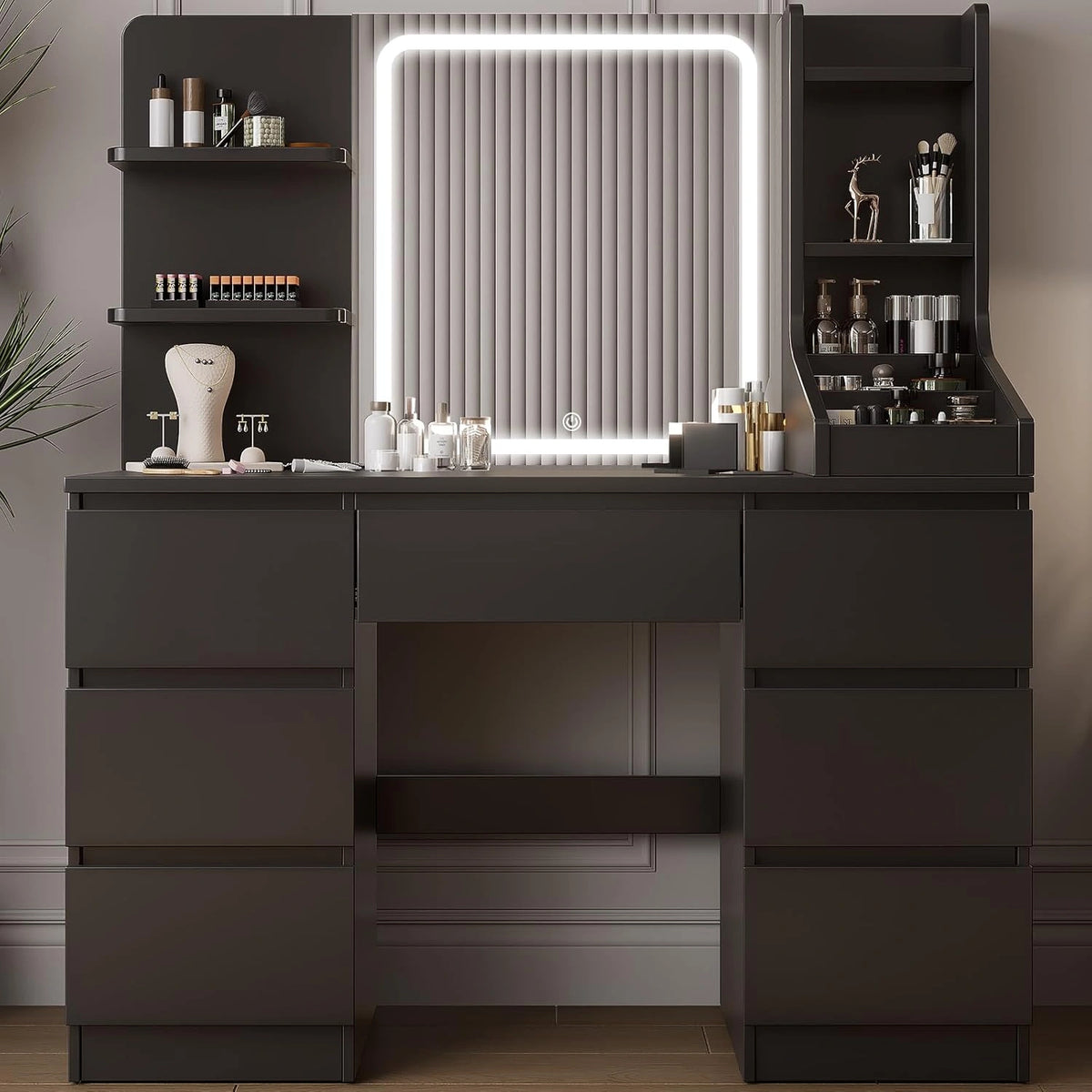 Coiffeuse Moderne Noire avec Miroir LED, Luminosit¨¦ Ajustable, 4 ¨¦tag¨¨res et 7 Tiroirs