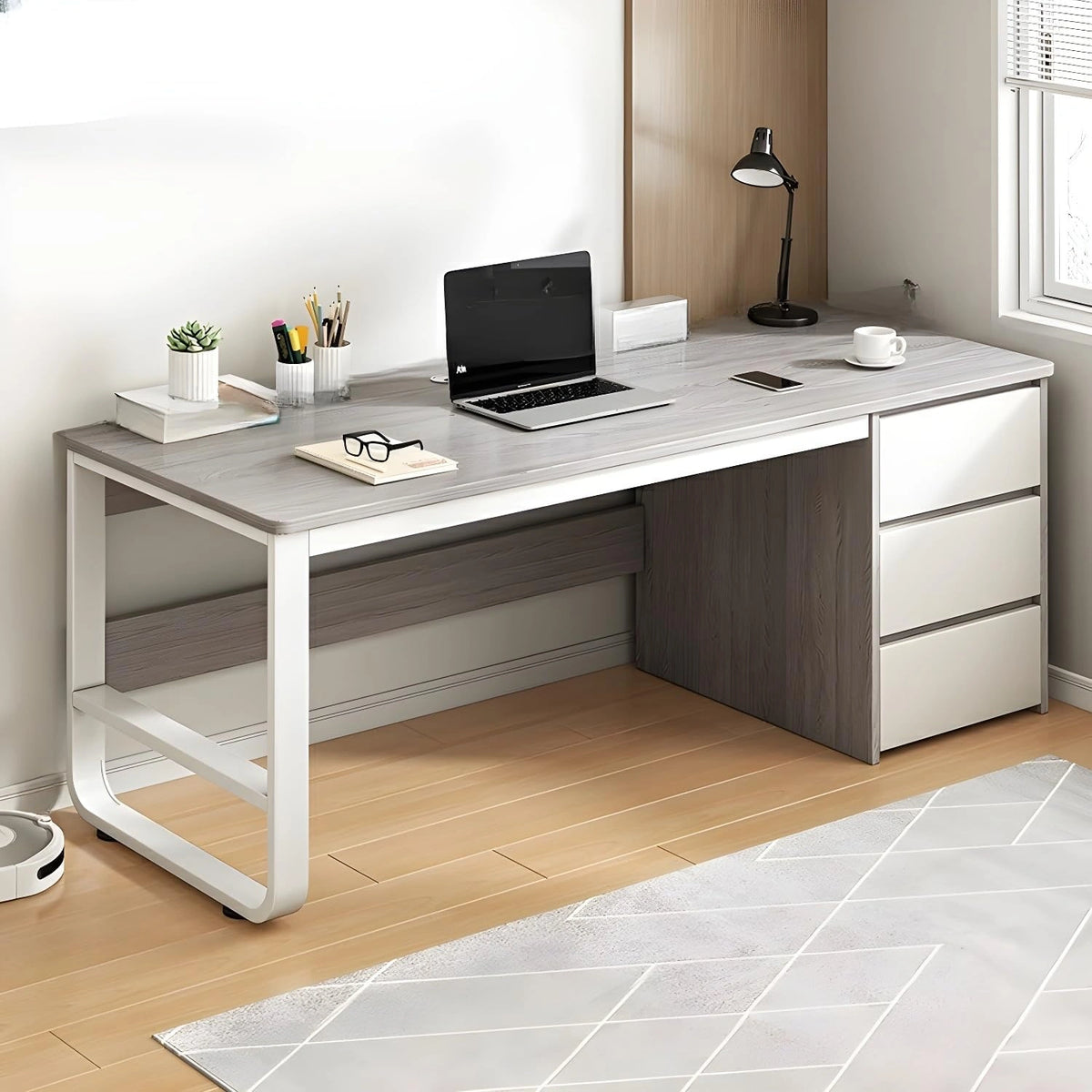 Bureau moderne avec plateau en bois et gestion des cables, 3 tiroirs, gris, 140 x 51 x 74 cm