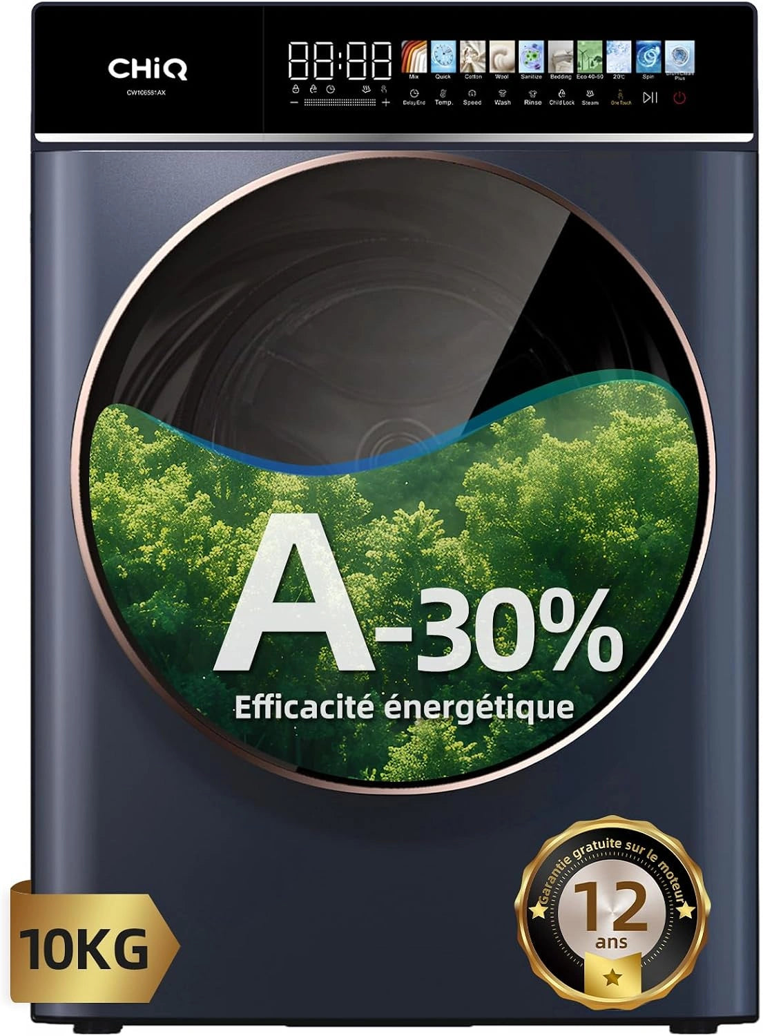 Lave-linge CHiQ 10 kg Inverter BLDC, Classe A, 1400 RPM, 12 Programmes, Vapeur, ¨¦cran Tactile LED, Gris