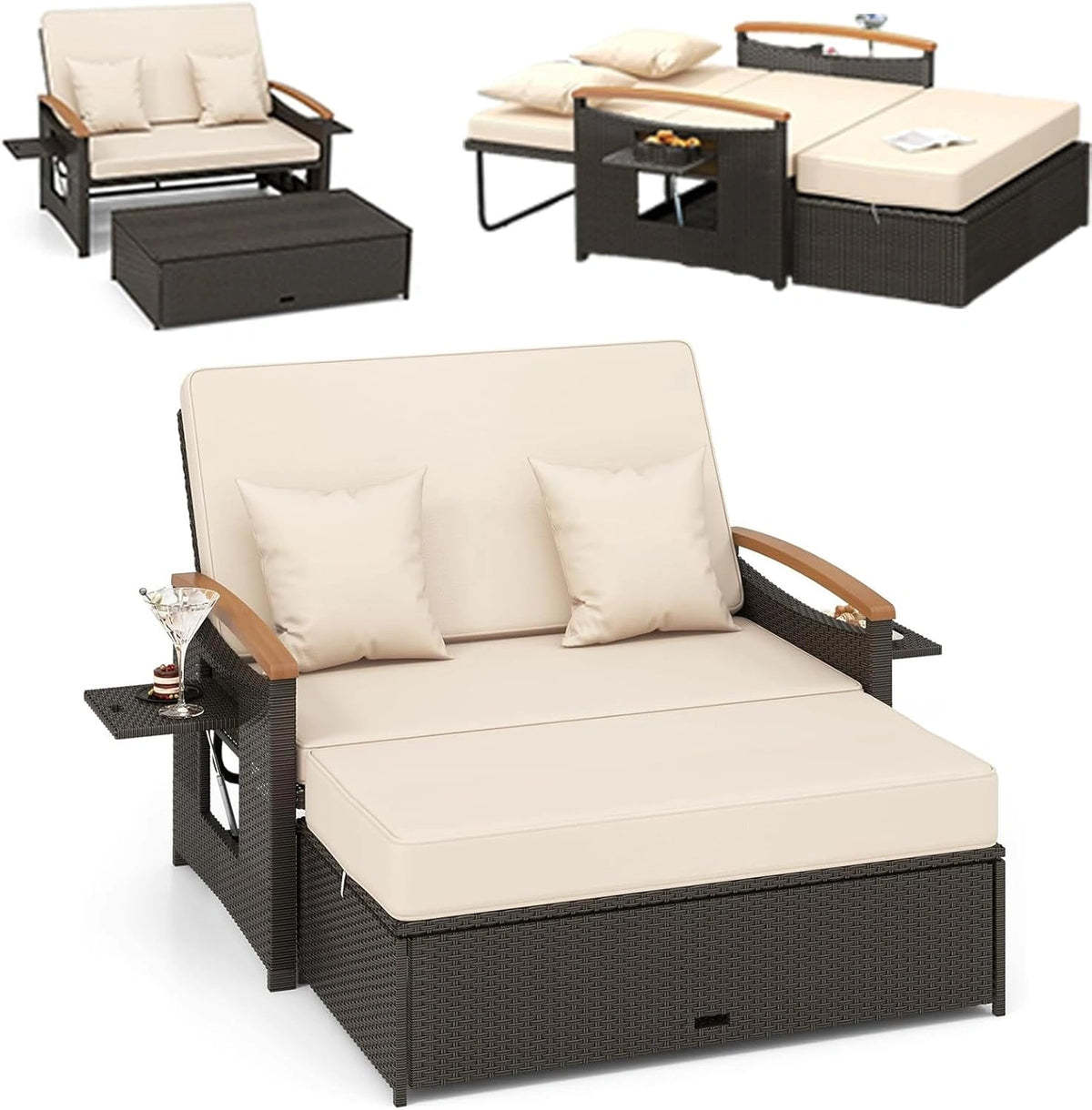 Canap¨¦-Lit de Jardin 4-en-1 en Rotin avec Table Basse et Coussins Confortables, Dossier R¨¦glable, pour Terrasse et Piscine
