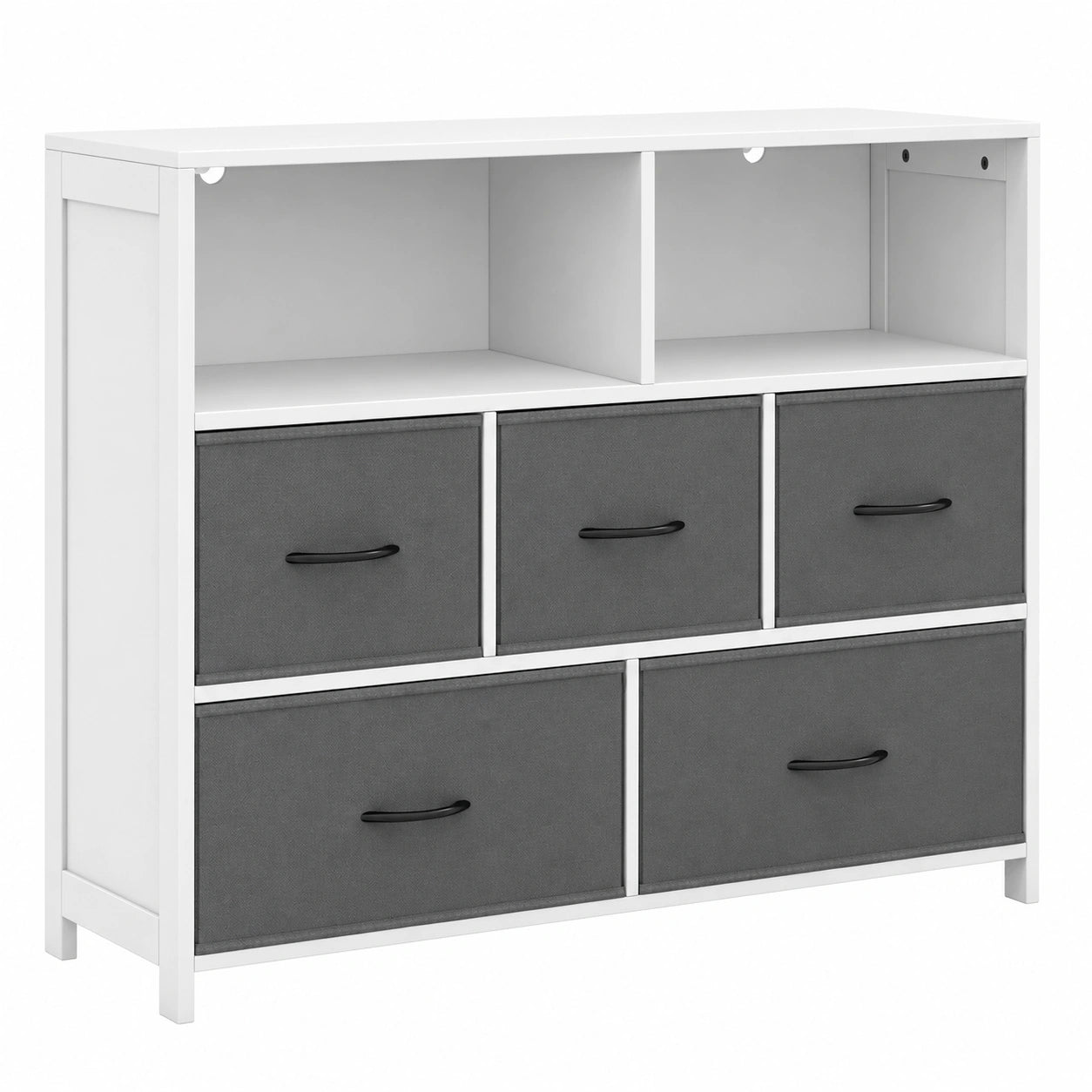 Commode 5 tiroirs en tissu avec étagères ouvertes, meuble TV jusqu'à 50 pouces