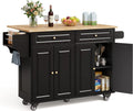 Chariot de Cuisine Mobile 145x75x90 cm avec Roulettes, Tiroirs et Armoires, Plan de Travail en Bois, Rangement Compact (Noir)