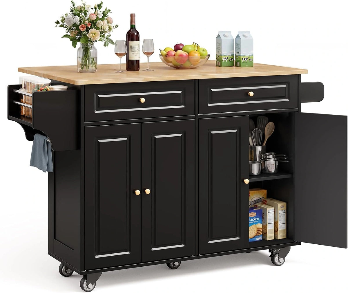 Chariot de Cuisine Mobile 145x75x90 cm avec Roulettes, Tiroirs et Armoires, Plan de Travail en Bois, Rangement Compact (Noir)