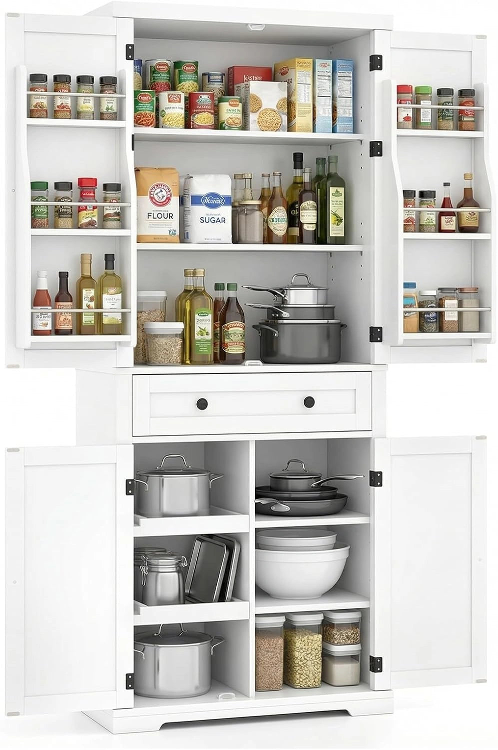 Buffet de Cuisine Blanc avec Tiroir et ¨¦tag¨¨res - Armoire de Rangement Multifonctionnelle 184 cm