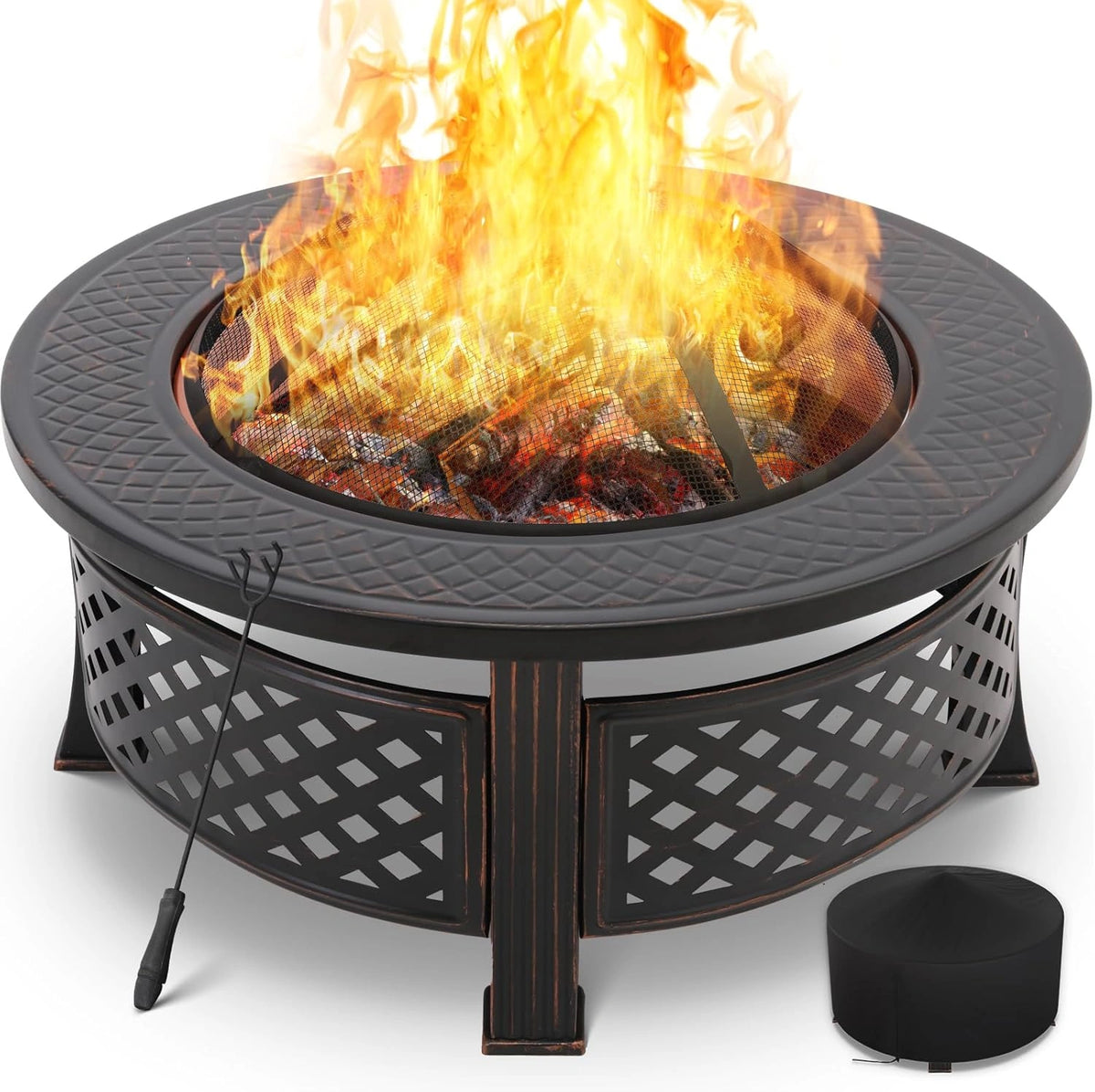TLSUNNY Brasero Ext¨¦rieur 3 en 1 avec Housse, 80x80x50 cm, Grille BBQ Galvanis¨¦e, Id¨¦al pour Jardin Camping Plage