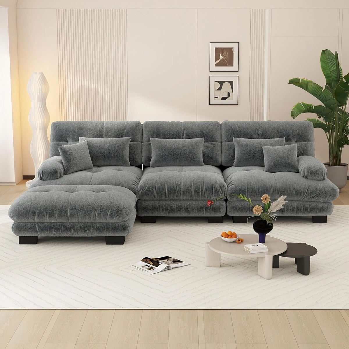 Canap¨¦ d'angle convertible moderne 313 cm avec pouf, grand canap¨¦ modulable 3 places, structure en bois massif, rev¨ºtement en chenille gris