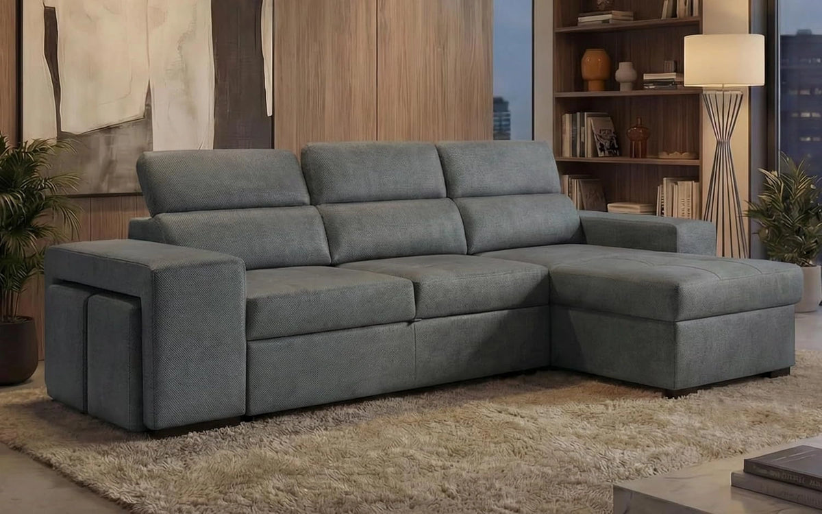 Canap¨¦ d'Angle Convertible 4 Places avec Chaise Longue R¨¦versible - T¨ºti¨¨res Ajustables et 2 Poufs - Polyester Moderne - 263x161x96 cm - Gris Anthracite